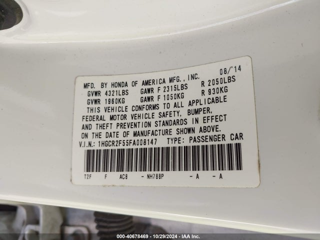 Honda Accord Sport 2015 1HGCR2F55FA008147 Image 9