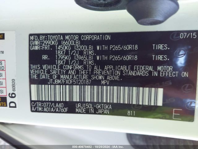 2015 LEXUS 460 JTJBM7FX0F5120187 Photo 8