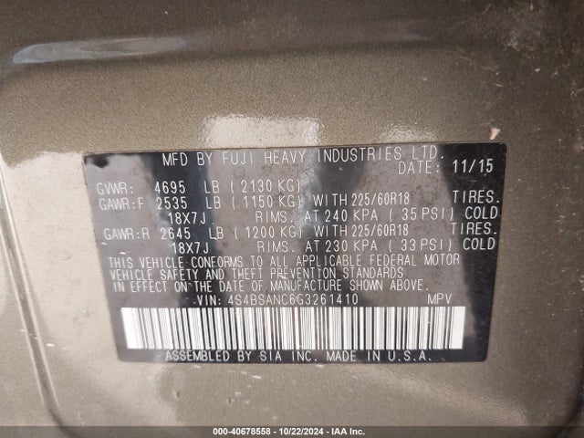 Subaru Outback 2.5i Limited 2016 4S4BSANC6G3261410 Image 9