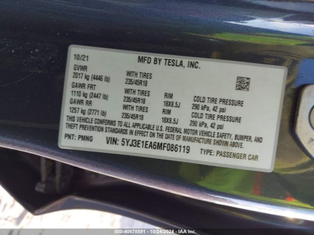 5YJ3E1EA6MF086119 Tesla Model 3 Standard Range Plus Rear-wheel Drive