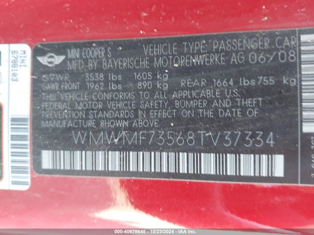 2008 MINI COOPER S WMWMF73568TV37334 Photo 8