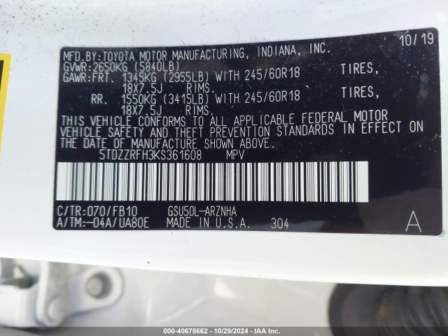 Toyota Highlander Le 2019 5TDZZRFH3KS361608 Image 9