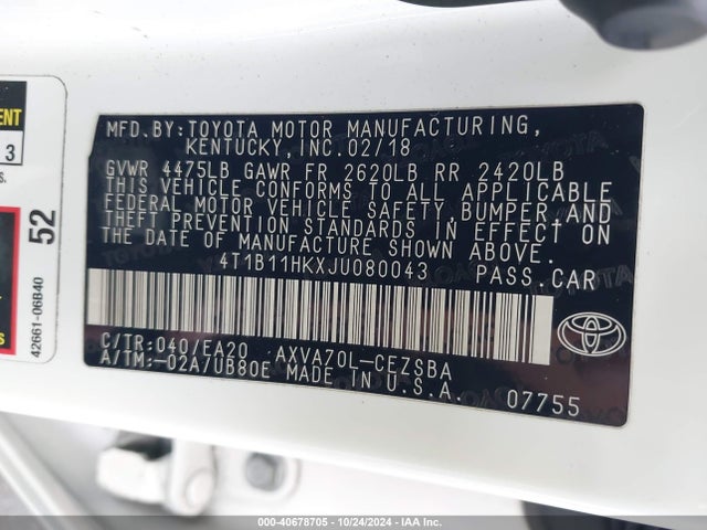 Toyota CAMRY SE 2018 4T1B11HKXJU080043 Image 9