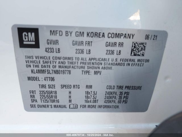 KL4MMFSL7NB019778 Buick Encore Gx Fwd Essence