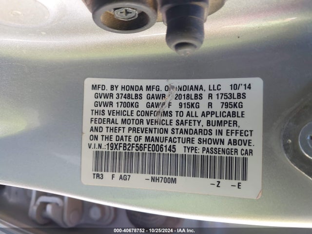 Honda Civic Lx 2015 19XFB2F56FE006145 Image 9