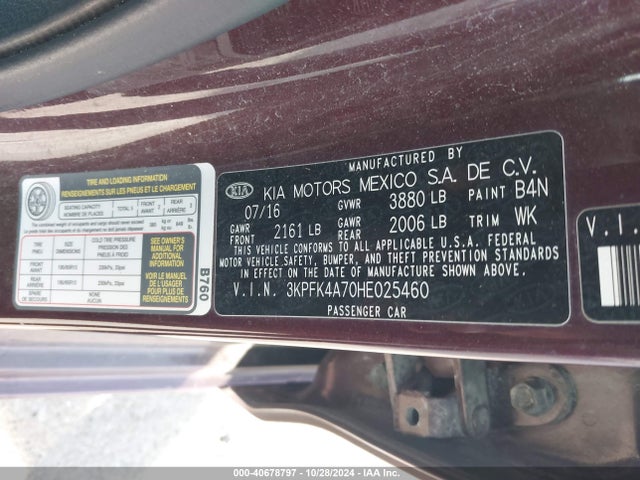 3KPFK4A70HE025460 KIA FORTE LX