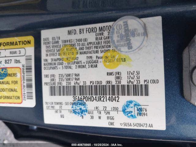 3FA6P0HD4JR214042 Ford FUSION SE