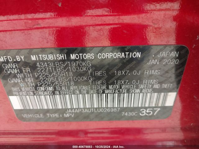 JA4AP3AU1LU026987 Mitsubishi Outlander Sport 2.0 Es