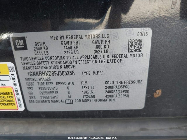 Chevrolet Traverse 2lt 2015 1GNKRHKD8FJ303258 Image 9