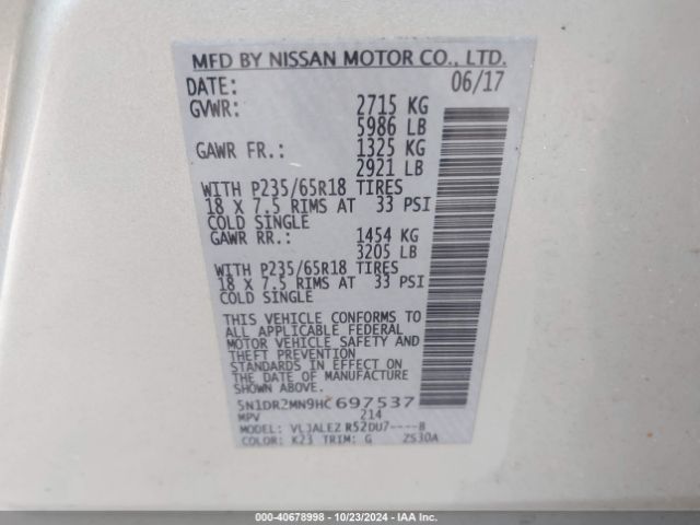 5N1DR2MN9HC697537 Nissan Pathfinder Sv