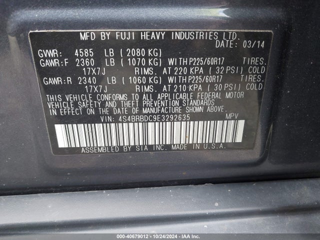 Subaru Outback 2.5i Premium 2014 4S4BRBDC9E3292635 Image 9