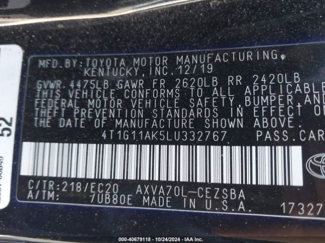 4T1G11AK5LU332767 Toyota Camry Se Nightshade Edition