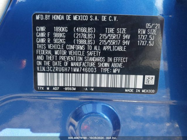 3CZRU6H71MM746003 Honda Hr-v Awd Ex-l