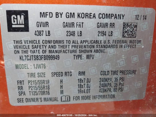 KL7CJTSB3FB099949 Chevrolet TRAX LTZ