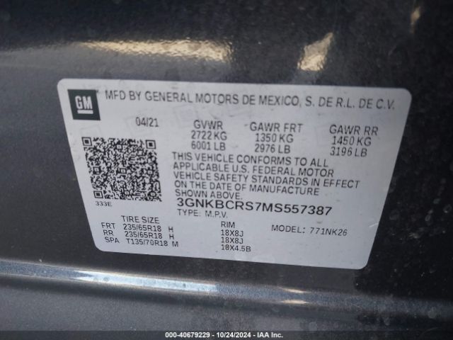 3GNKBCRS7MS557387 Chevrolet Blazer Fwd 2lt