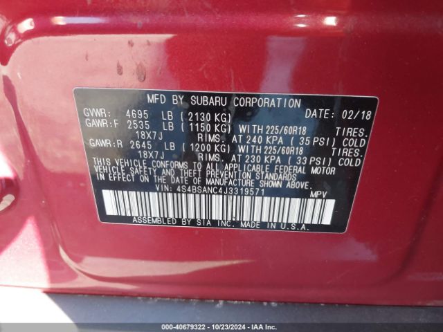4S4BSANC4J3319571 Subaru Outback 2.5i Limited
