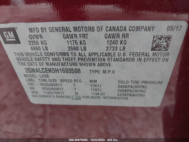 Chevrolet EQUINOX LT 2017 2GNALCEK5H1603508 Image 9