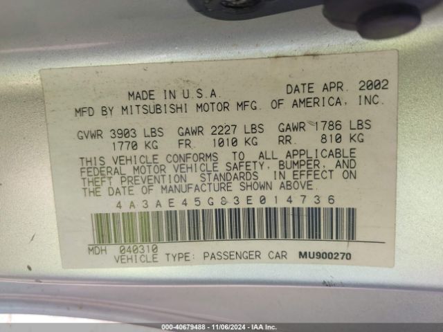 2003 MITSUBISHI ECLIPSE SPYDER 4A3AE45G83E014736 Photo 8