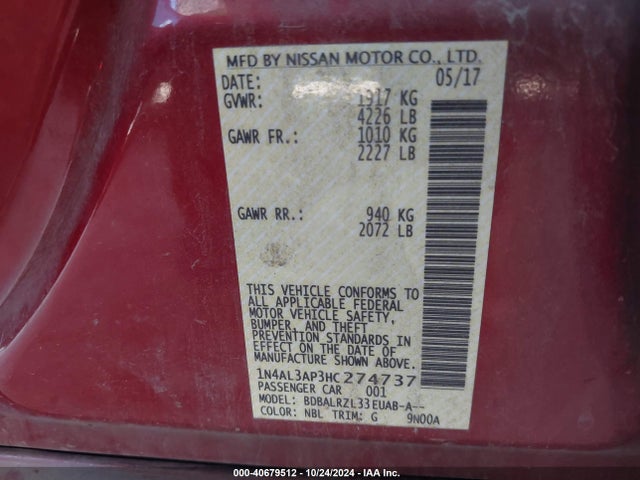 1N4AL3AP3HC274737 Nissan Altima 2.5 Sl