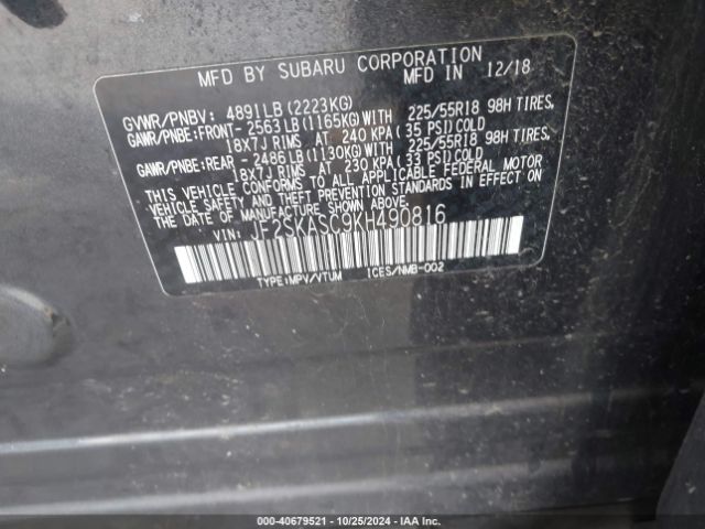 JF2SKASC9KH490816 Subaru Forester Limited