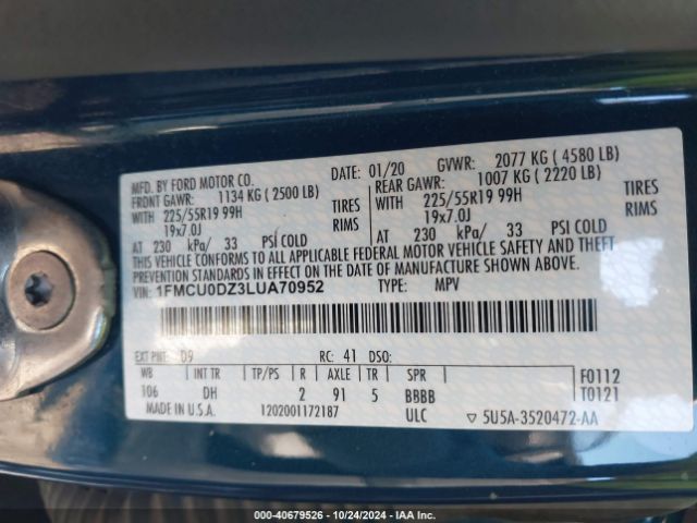 1FMCU0DZ3LUA70952 Ford Escape Titanium Hybrid