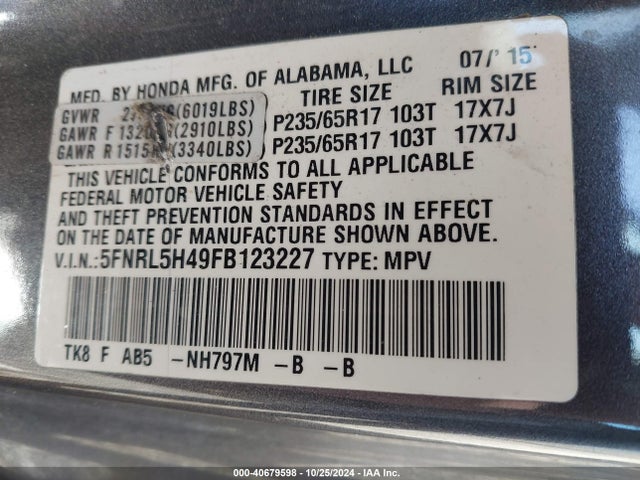 Honda ODYSSEY EX 2015 5FNRL5H49FB123227 Image 9