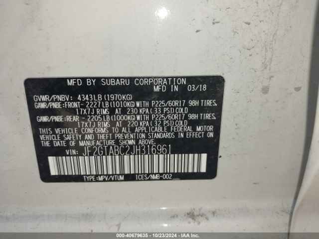JF2GTABC2JH316961 Subaru Crosstrek 2.0i Premium