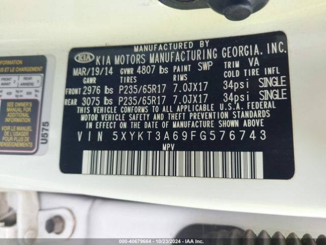 5XYKT3A69FG576743 KIA SORENTO LX