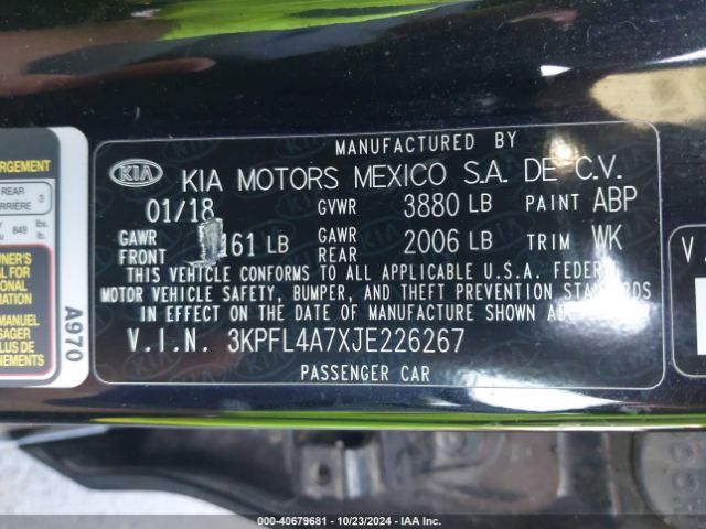 3KPFL4A7XJE226267 KIA FORTE S