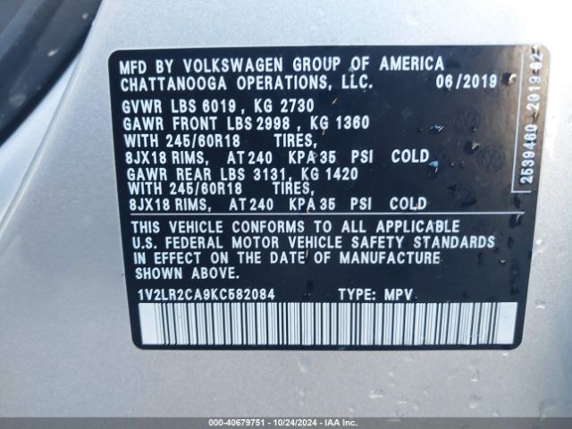 1V2LR2CA9KC582084 Volkswagen Atlas 3.6l V6 Se