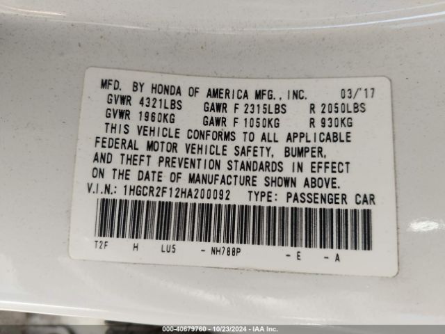 1HGCR2F12HA200092 Honda Accord Sport Se