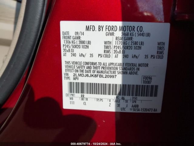 2LMDJ6JK8FBL20997 Lincoln MKX