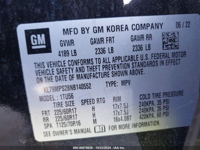 KL79MPS28NB140552 Chevrolet Trailblazer Fwd Lt