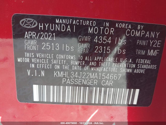 Hyundai Sonata Limited 2021 KMHL34J22MA154667 Image 9