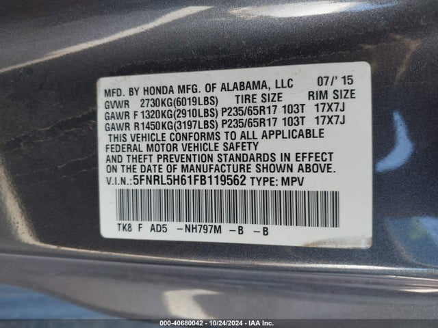 Honda Odyssey Ex-l 2015 5FNRL5H61FB119562 Image 9