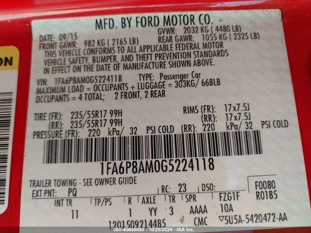 Ford Mustang V6 2016 1FA6P8AM0G5224118 Image 9