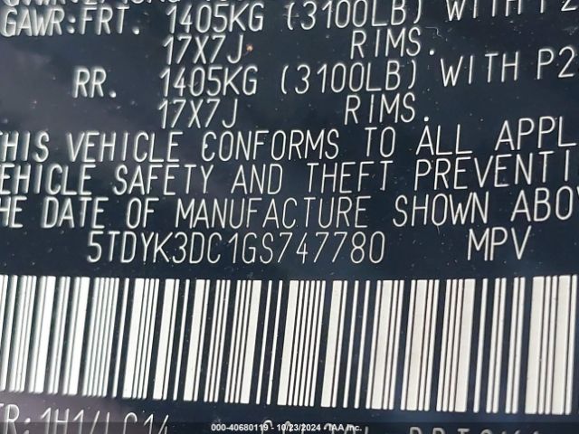 5TDYK3DC1GS747780 Toyota Sienna Xle 8 Passenger