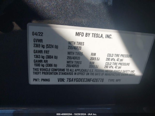 2022 TESLA MODEL Y 7SAYGDEE3NF428778 Photo 8