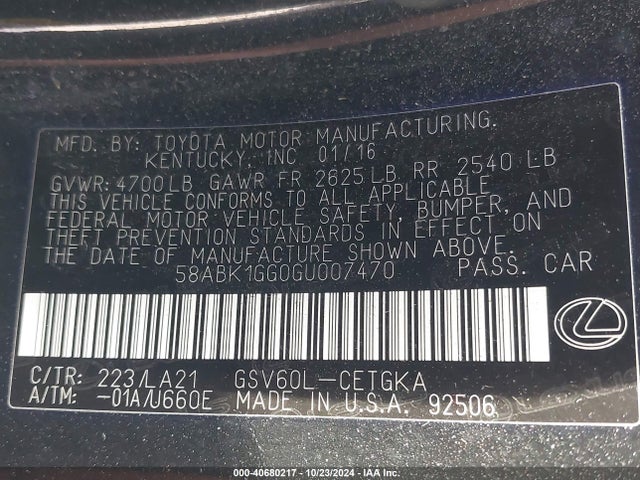58ABK1GG0GU007470 Lexus ES 350