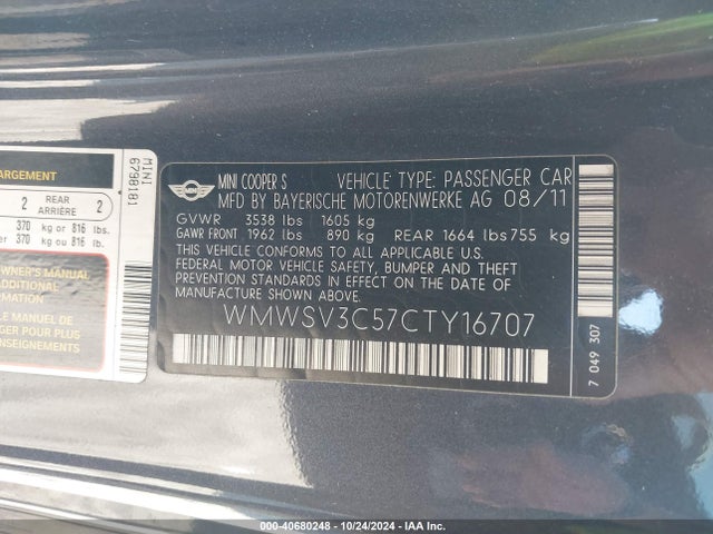 2012 MINI COOPER S WMWSV3C57CTY16707 Photo 8