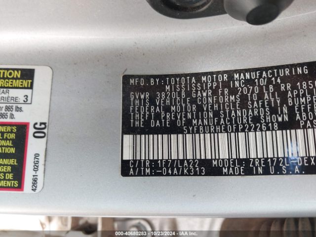 5YFBURHE0FP222618 Toyota Corolla Le Premium