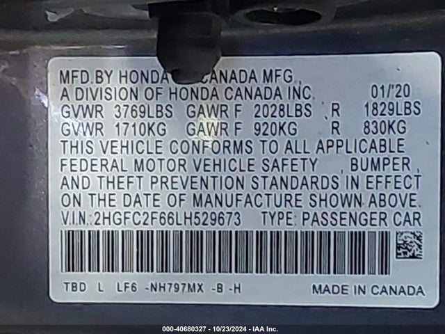 Honda Civic Lx 2020 2HGFC2F66LH529673 Image 9