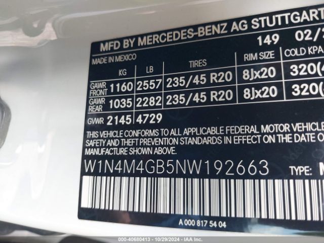 W1N4M4GB5NW192663 Mercedes-Benz GLB 250
