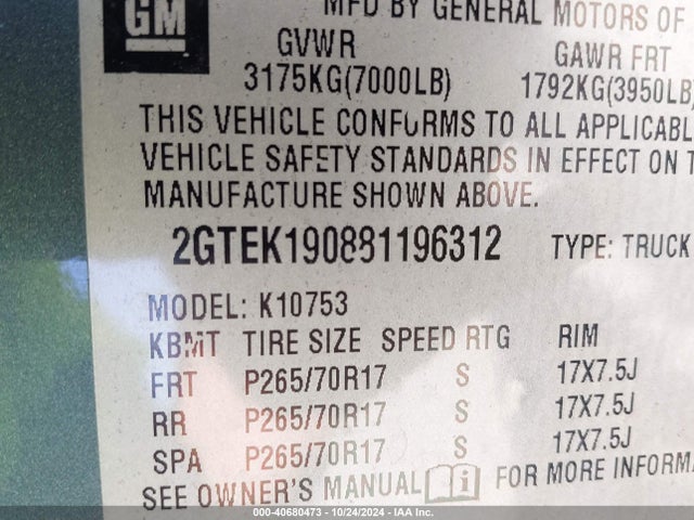 2008 Gmc Sierra 1500 Sle1 მანქანა იყიდება აუქციონზე, vin: 2GTEK190881196312, აუქციონის ნომერი: 40680473