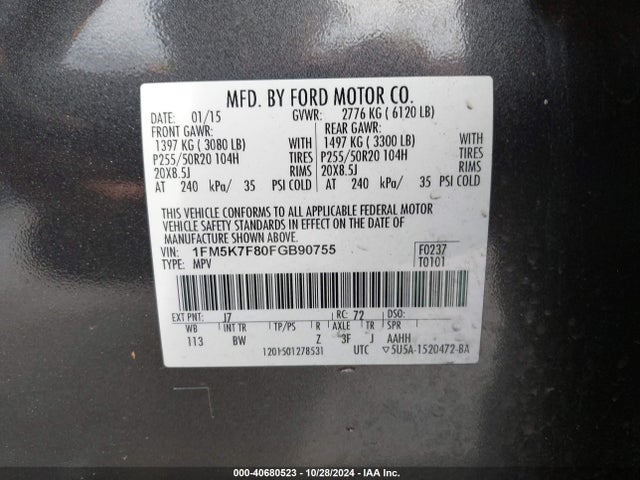 Ford Explorer Limited 2015 1FM5K7F80FGB90755 Image 9
