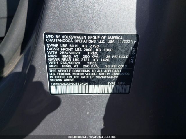 1V2KR2CA9NC512424 Volkswagen Atlas 3.6l V6 Se W/technology
