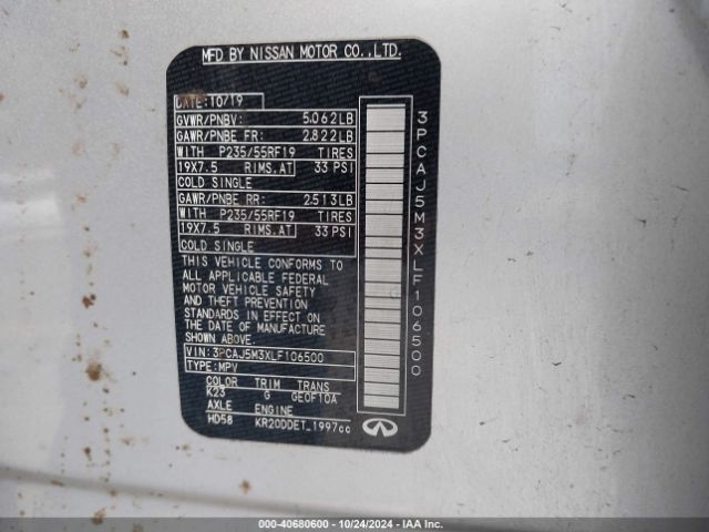 3PCAJ5M3XLF106500 Infiniti Qx50 Pure Awd