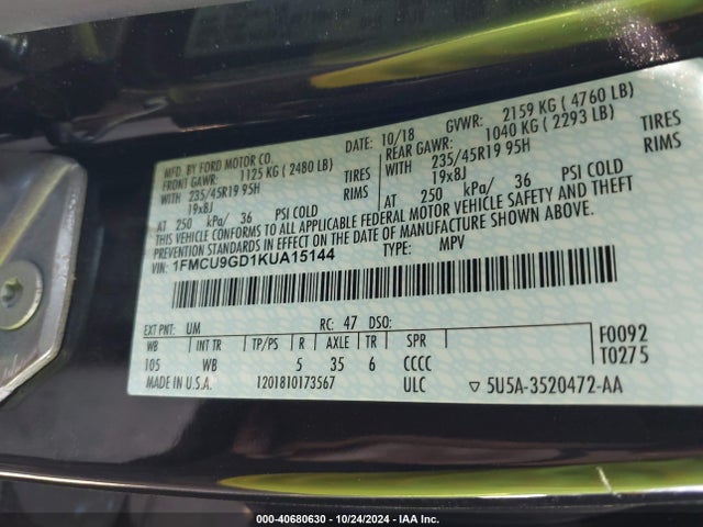Ford ESCAPE SE 2019 1FMCU9GD1KUA15144 Image 9