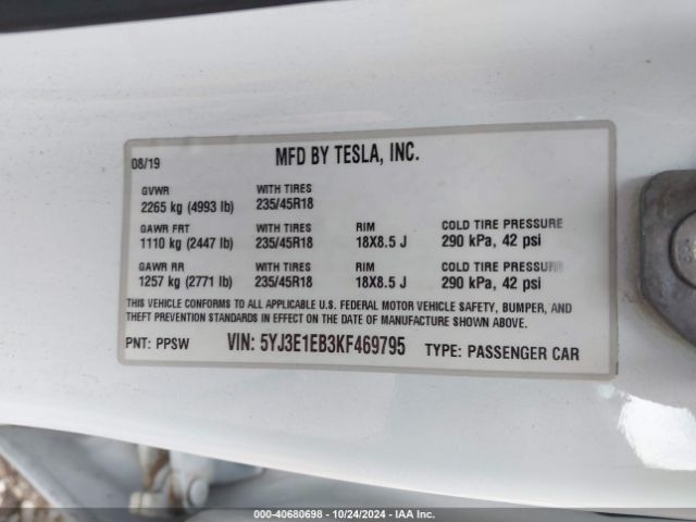 5YJ3E1EB3KF469795 Tesla Model 3 Long Range/performance
