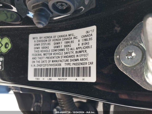 Honda Civic Lx 2017 2HGFC2F57HH554306 Image 9